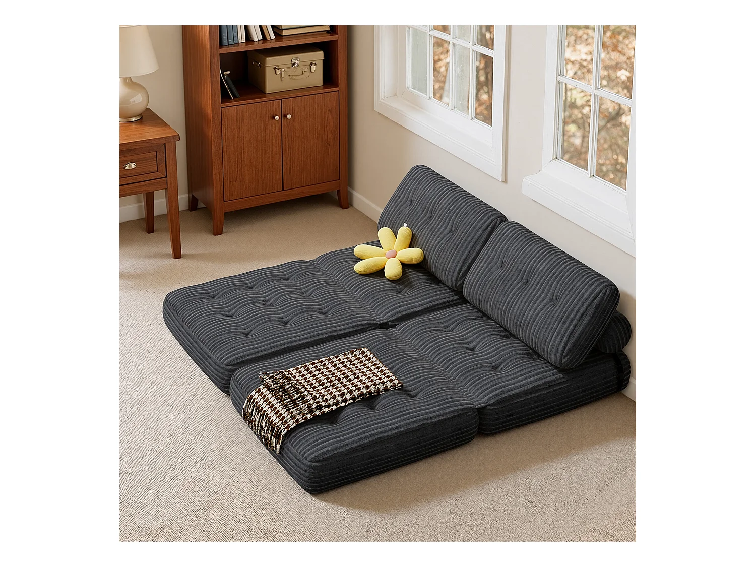 Canapé Convertible Fauteuil Lit 1 Place Dossier Sans Installation Gris foncé Velours Côtelé 85x85cm