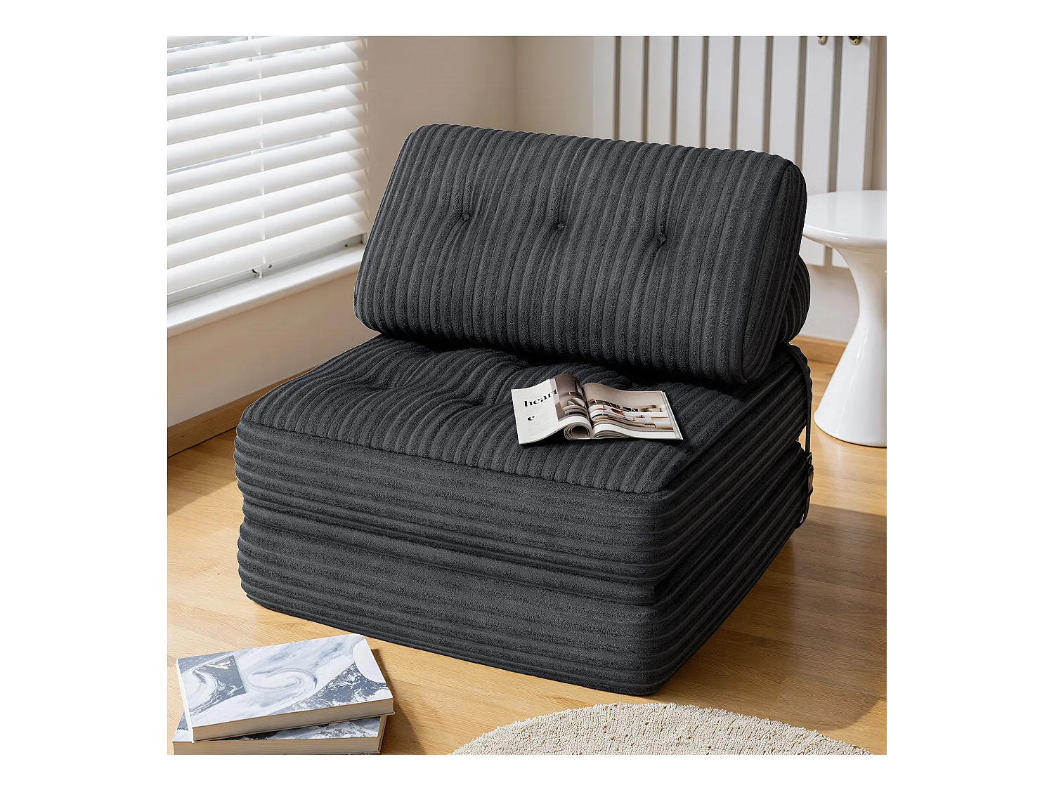 Canapé Convertible Fauteuil Lit 1 Place Dossier Sans Installation Gris foncé Velours Côtelé 85x85cm