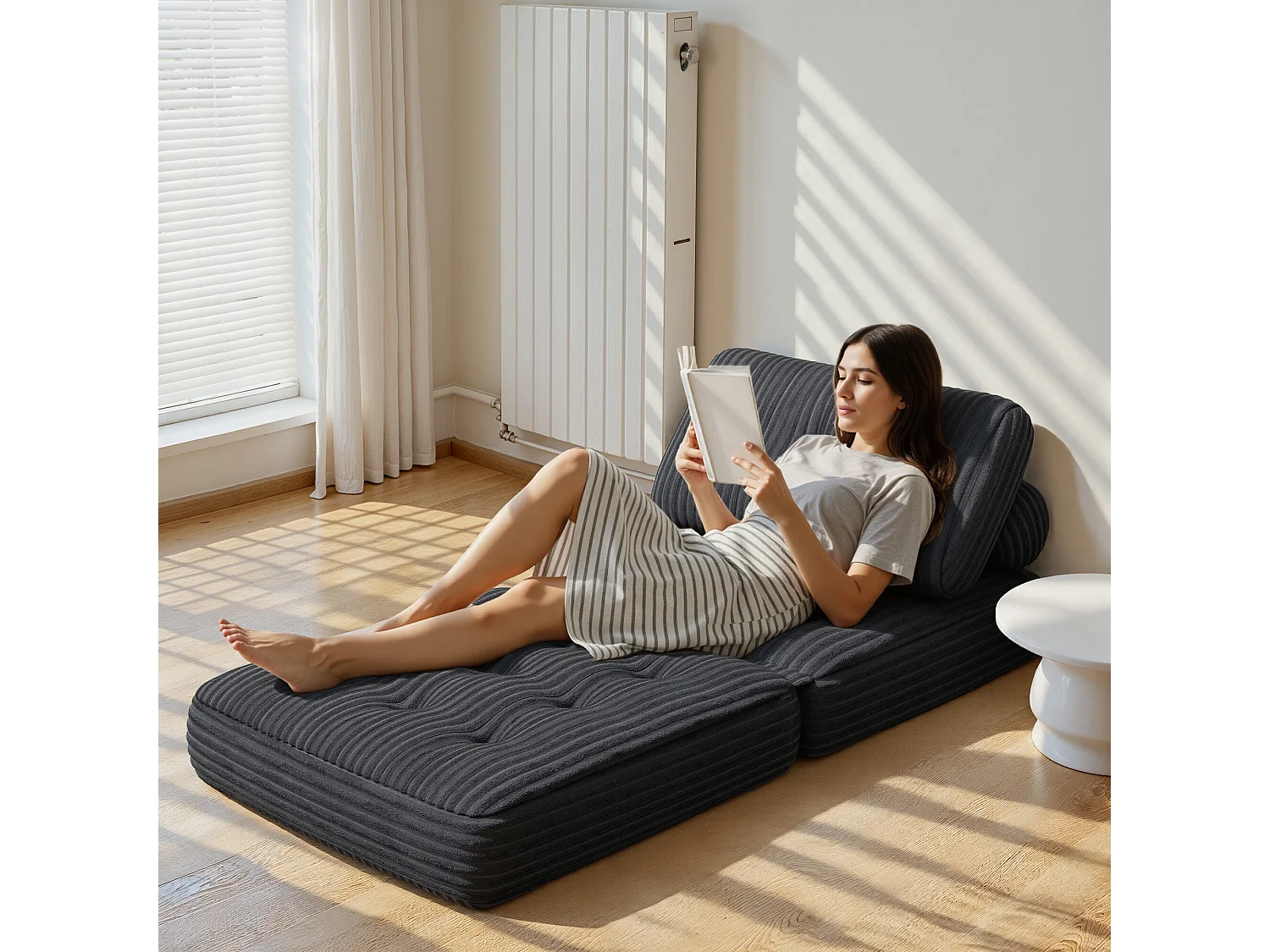 Canapé Convertible Fauteuil Lit 1 Place Dossier Sans Installation Gris foncé Velours Côtelé 85x85cm