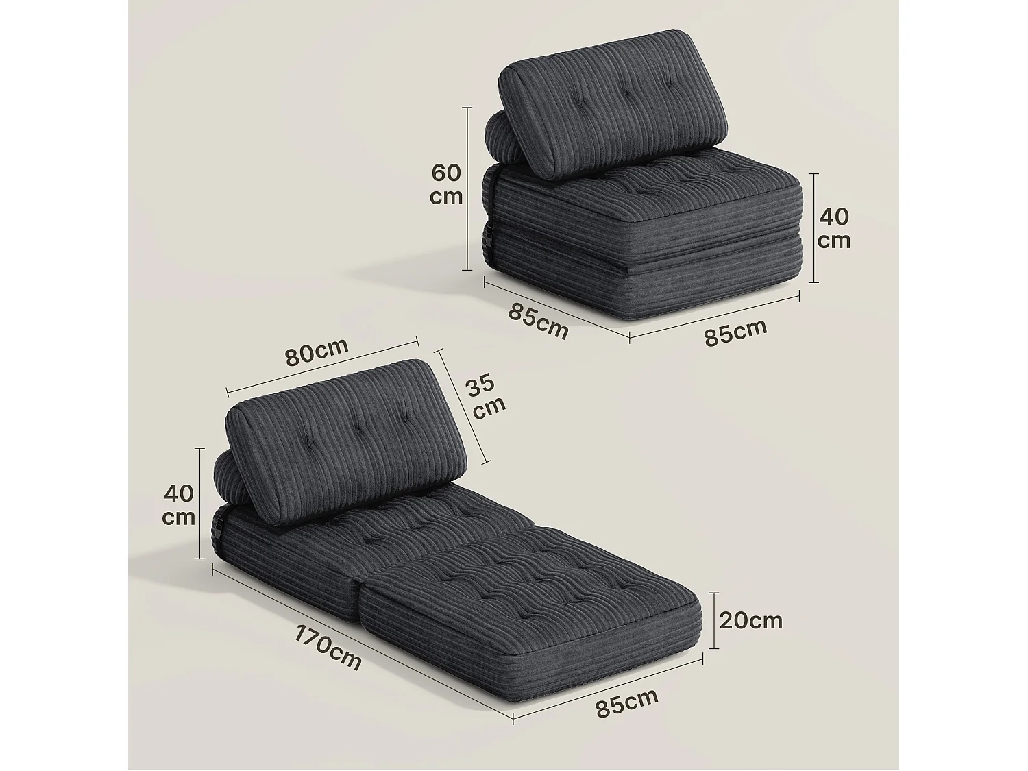 Canapé Convertible Fauteuil Lit 1 Place Dossier Sans Installation Gris foncé Velours Côtelé 85x85cm