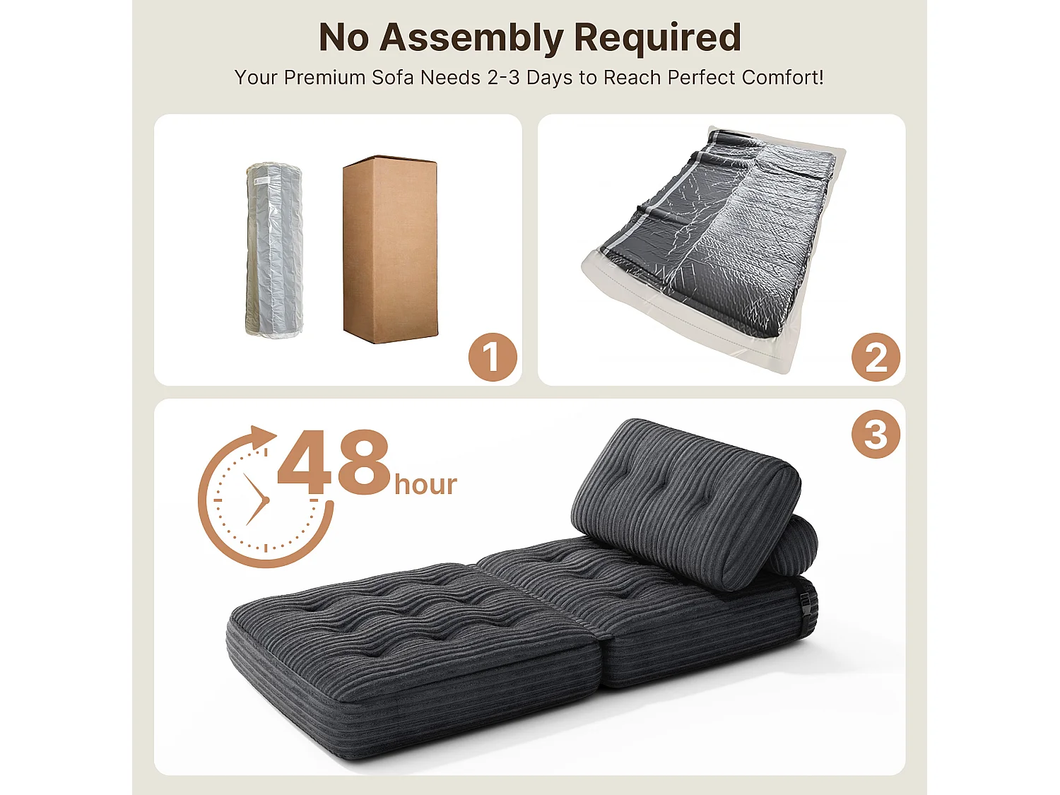 Canapé Convertible Fauteuil Lit 1 Place Dossier Sans Installation Gris foncé Velours Côtelé 85x85cm