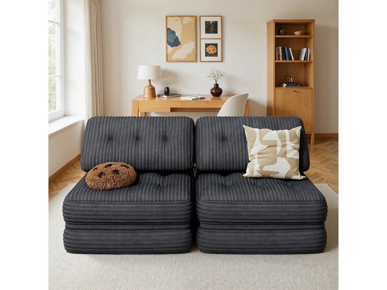 Canapé Convertible Fauteuil Lit 1 Place Dossier Sans Installation Gris foncé Velours Côtelé 85x85cm