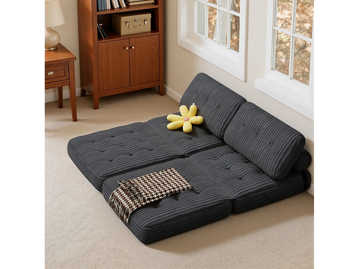 Canapé Convertible Fauteuil Lit 1 Place Dossier Sans Installation Gris foncé Velours Côtelé 85x85cm