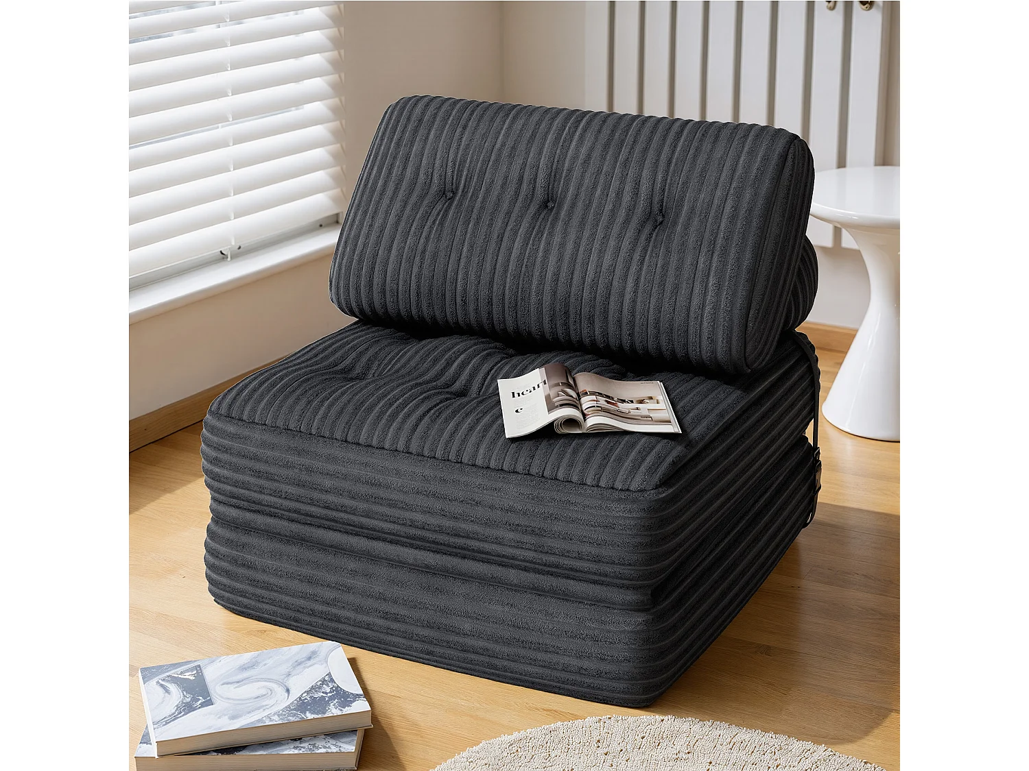 Canapé Convertible Fauteuil Lit 1 Place Dossier Sans Installation Gris foncé Velours Côtelé 85x85cm