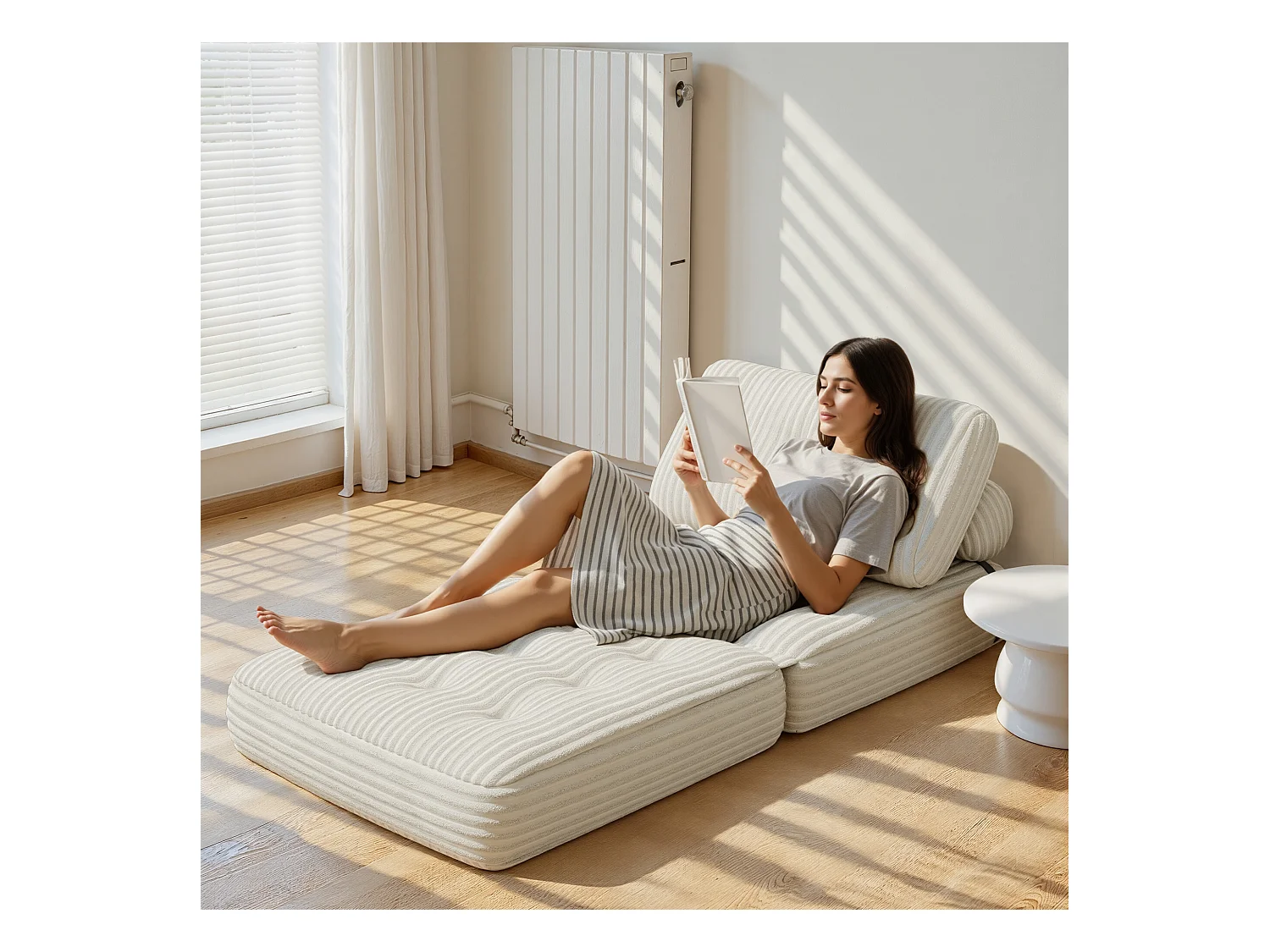 Canapé Convertible Fauteuil Lit 1 Place Dossier Sans Installation Blanc Velours Côtelé 85x85cm