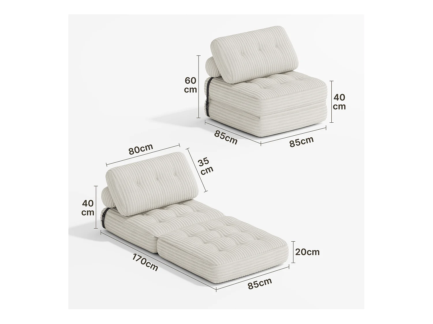 Canapé Convertible Fauteuil Lit 1 Place Dossier Sans Installation Blanc Velours Côtelé 85x85cm