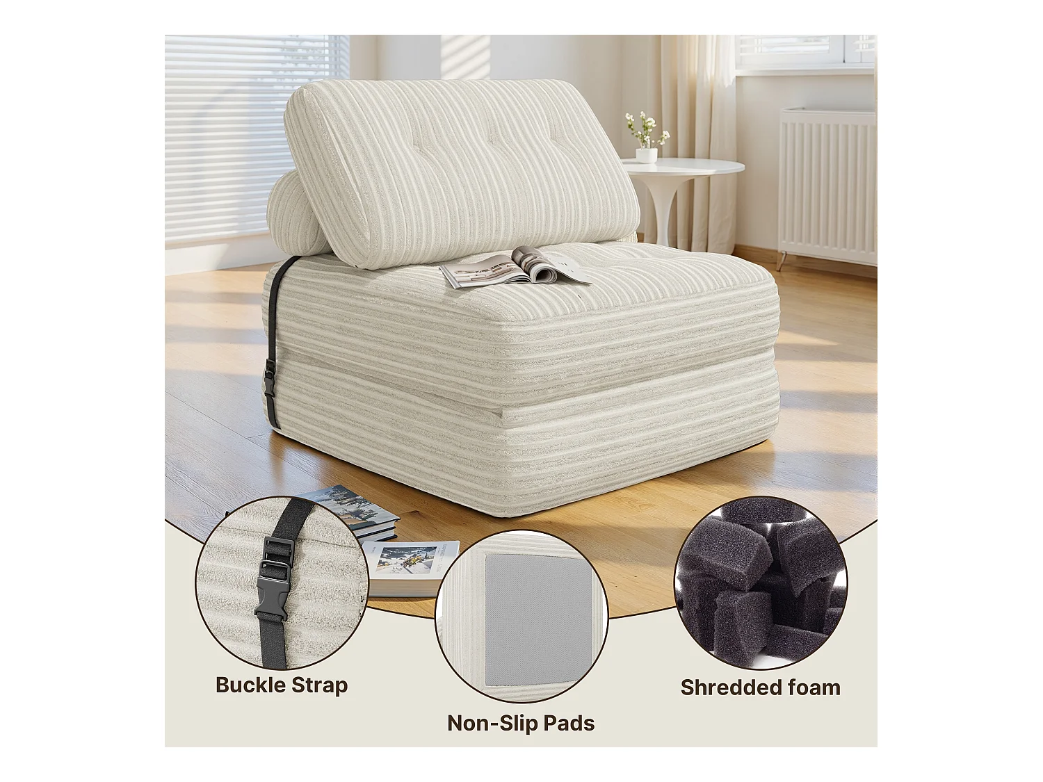 Canapé Convertible Fauteuil Lit 1 Place Dossier Sans Installation Blanc Velours Côtelé 85x85cm