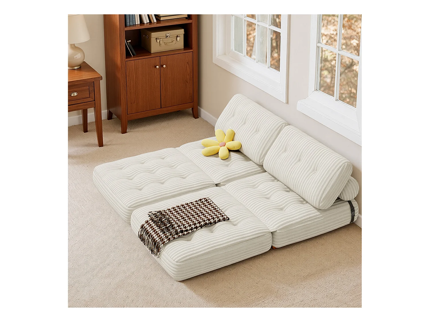 Canapé Convertible Fauteuil Lit 1 Place Dossier Sans Installation Blanc Velours Côtelé 85x85cm