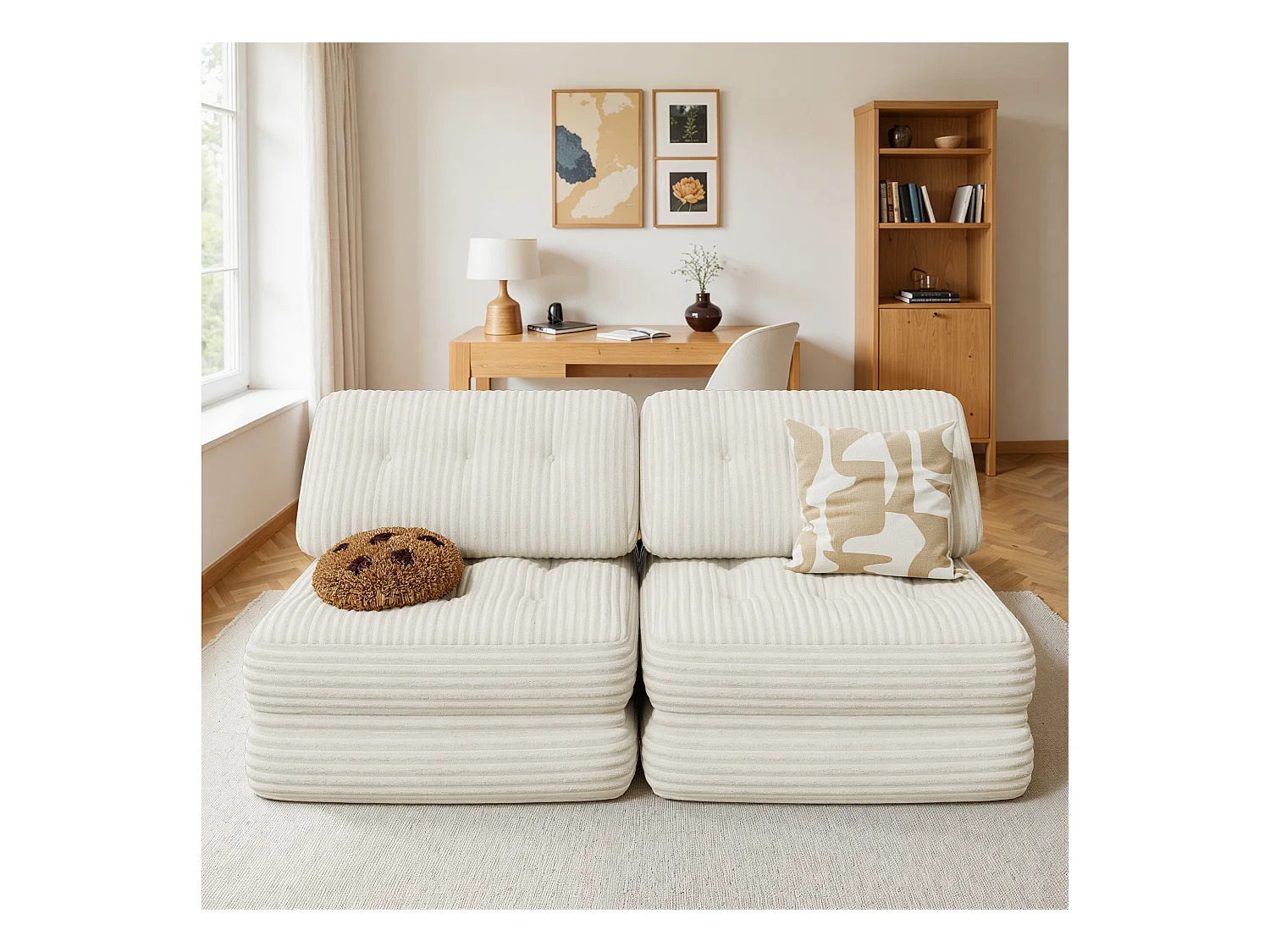 Canapé Convertible Fauteuil Lit 1 Place Dossier Sans Installation Blanc Velours Côtelé 85x85cm