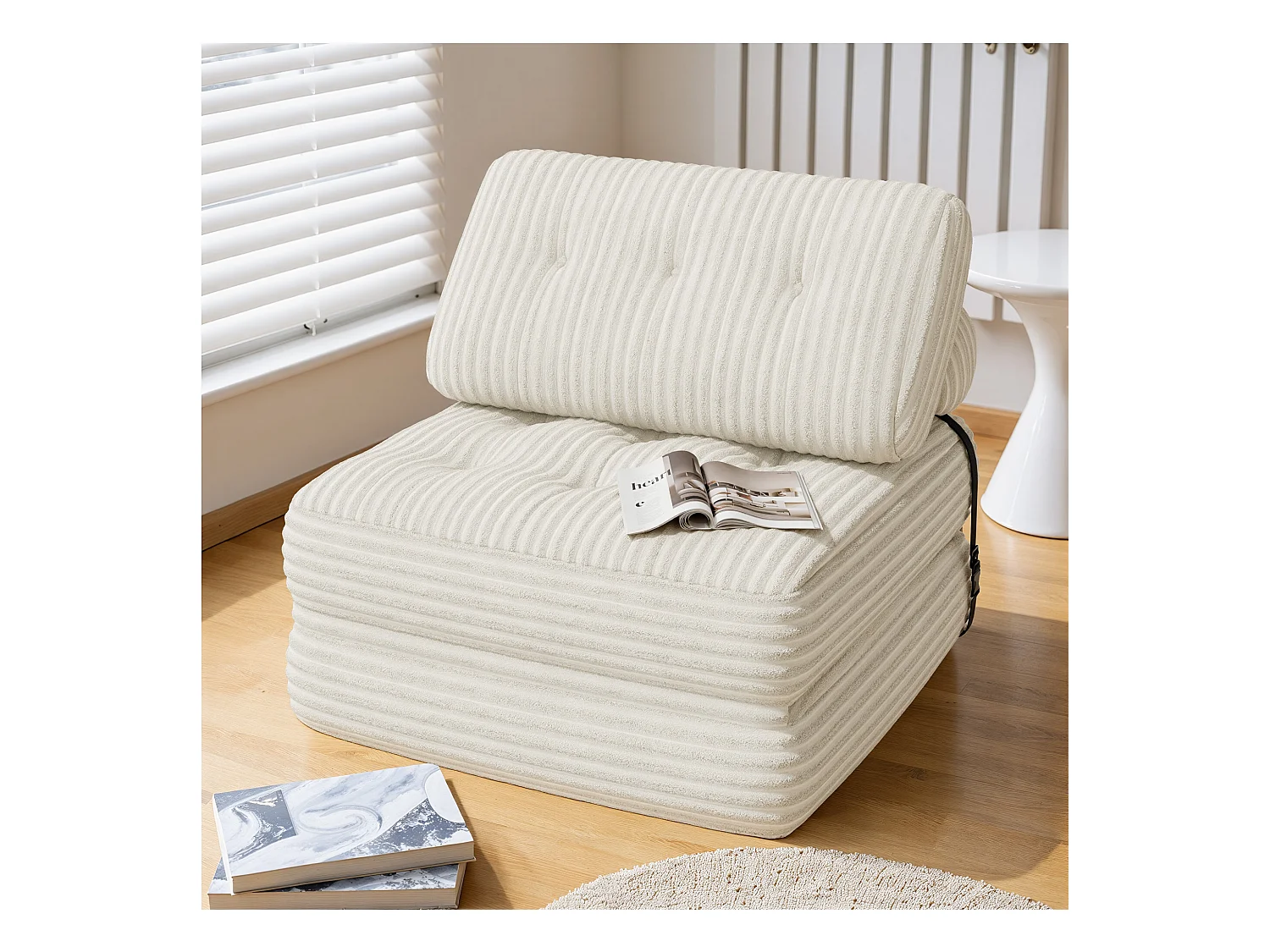 Canapé Convertible Fauteuil Lit 1 Place Dossier Sans Installation Blanc Velours Côtelé 85x85cm