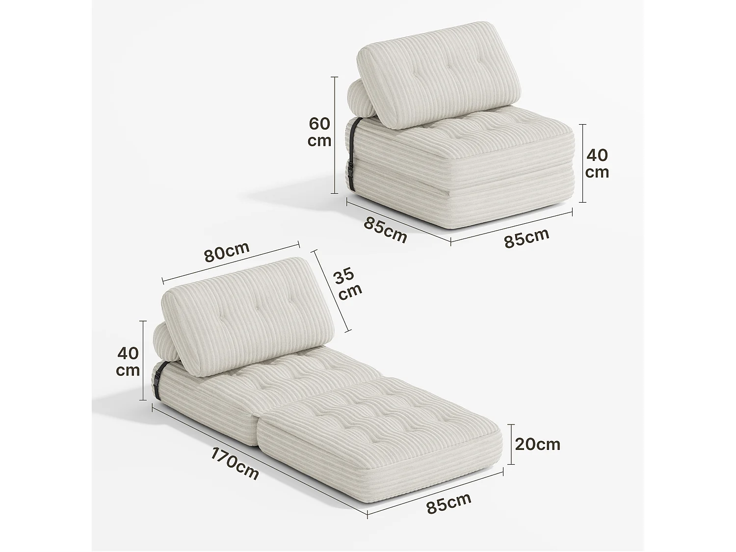 Canapé Convertible Fauteuil Lit 1 Place Dossier Sans Installation Blanc Velours Côtelé 85x85cm