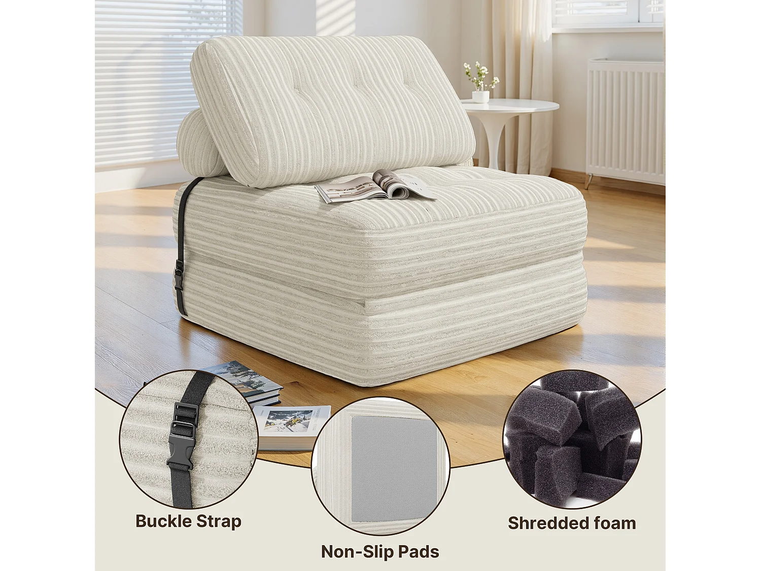 Canapé Convertible Fauteuil Lit 1 Place Dossier Sans Installation Blanc Velours Côtelé 85x85cm