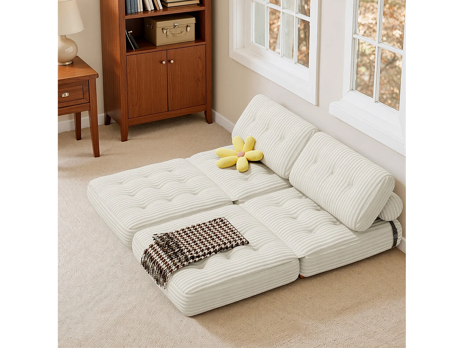 Canapé Convertible Fauteuil Lit 1 Place Dossier Sans Installation Blanc Velours Côtelé 85x85cm