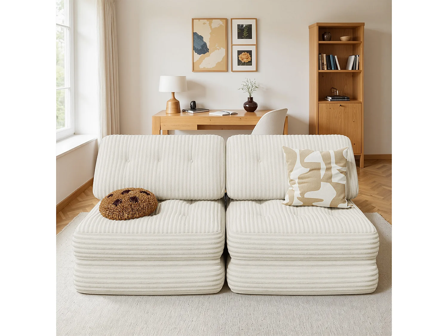 Canapé Convertible Fauteuil Lit 1 Place Dossier Sans Installation Blanc Velours Côtelé 85x85cm