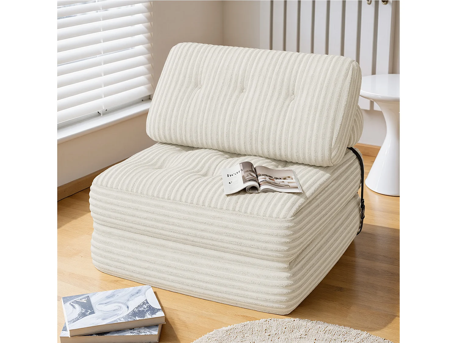 Canapé Convertible Fauteuil Lit 1 Place Dossier Sans Installation Blanc Velours Côtelé 85x85cm