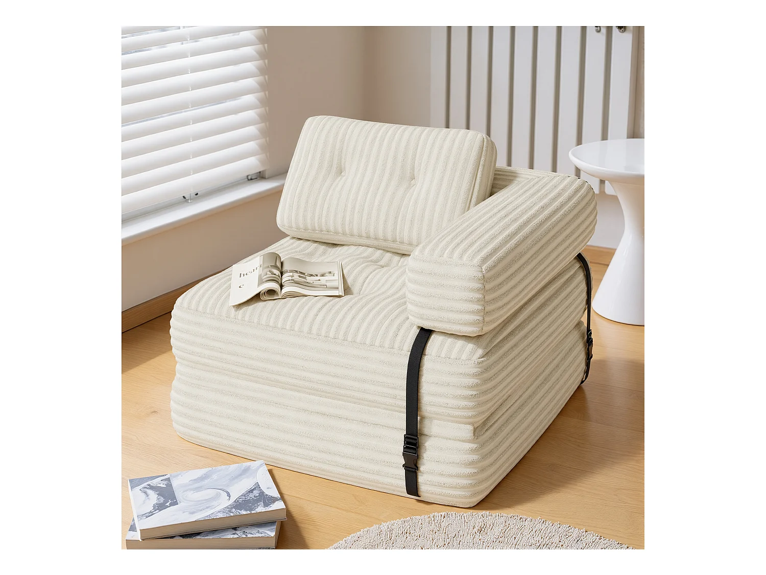Canapé Convertible Fauteuil Lit 1 Place en L Blanc Velours Côtelé Longue Coussin 85 x 85 cm