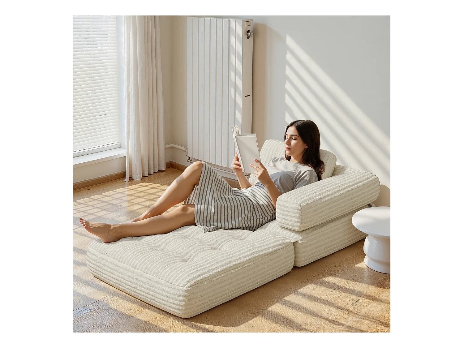 Canapé Convertible Fauteuil Lit 1 Place en L Blanc Velours Côtelé Longue Coussin 85 x 85 cm