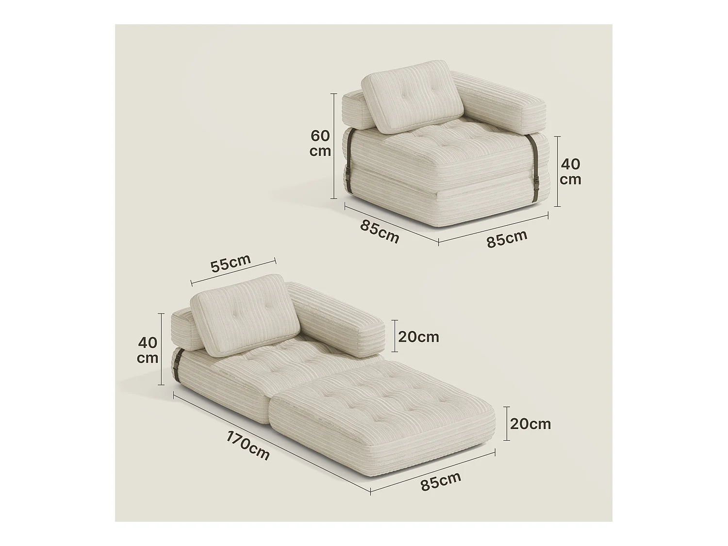 Canapé Convertible Fauteuil Lit 1 Place en L Blanc Velours Côtelé Longue Coussin 85 x 85 cm