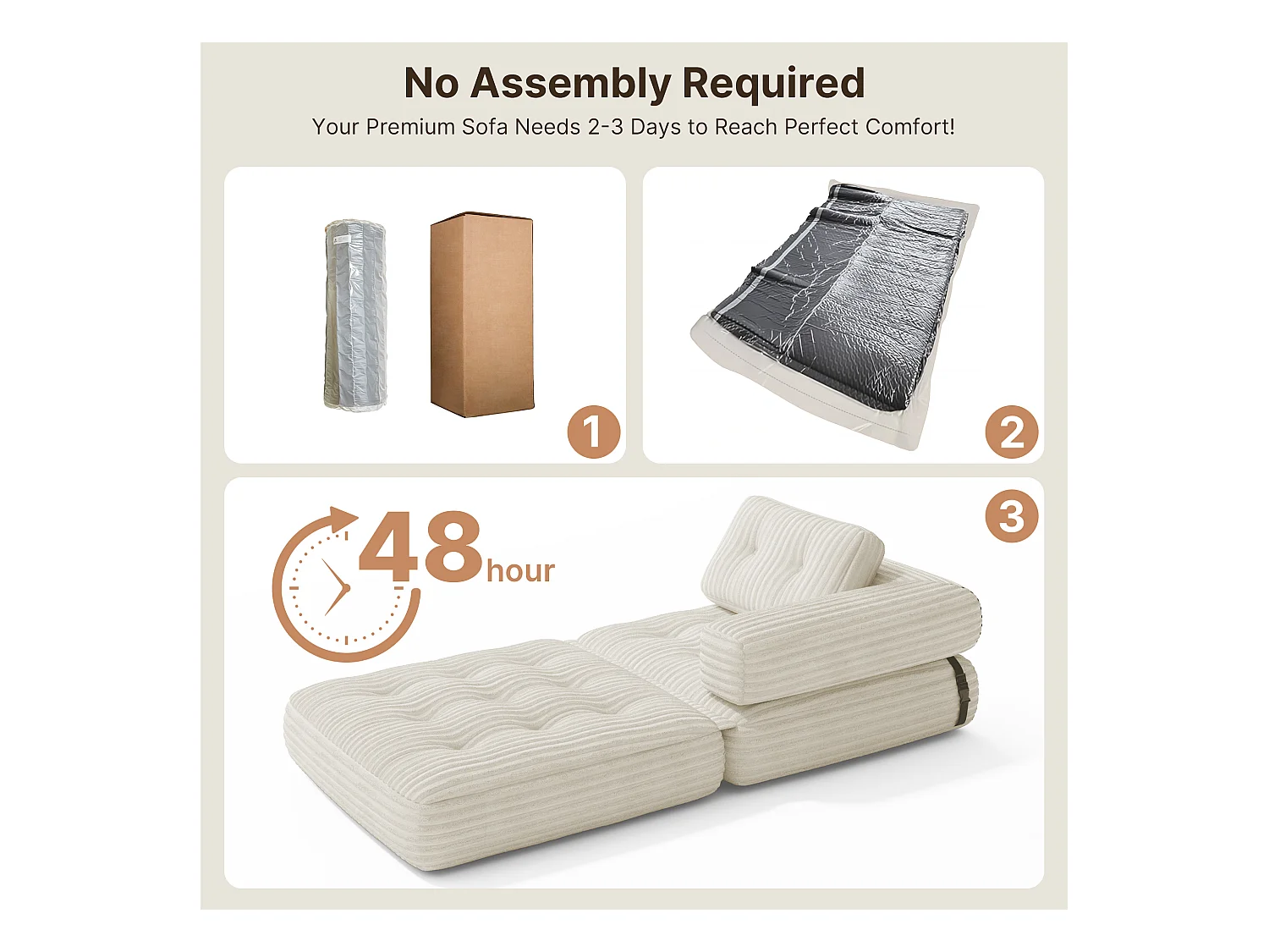 Canapé Convertible Fauteuil Lit 1 Place en L Blanc Velours Côtelé Longue Coussin 85 x 85 cm