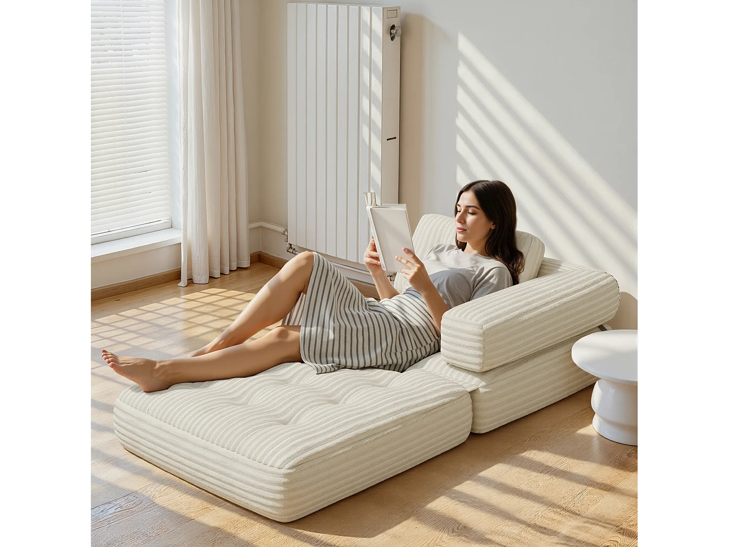 Canapé Convertible Fauteuil Lit 1 Place en L Blanc Velours Côtelé Longue Coussin 85 x 85 cm