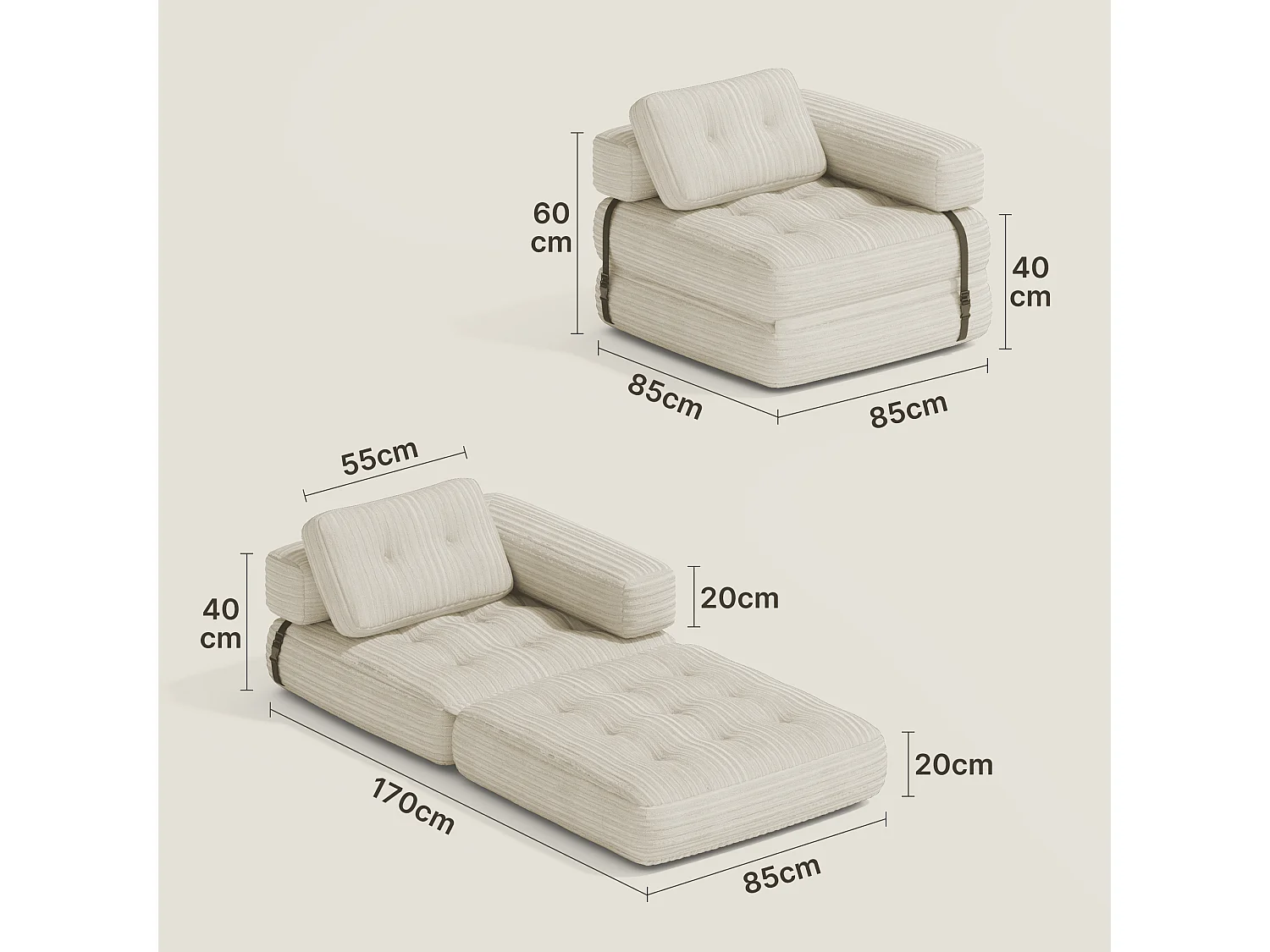 Canapé Convertible Fauteuil Lit 1 Place en L Blanc Velours Côtelé Longue Coussin 85 x 85 cm