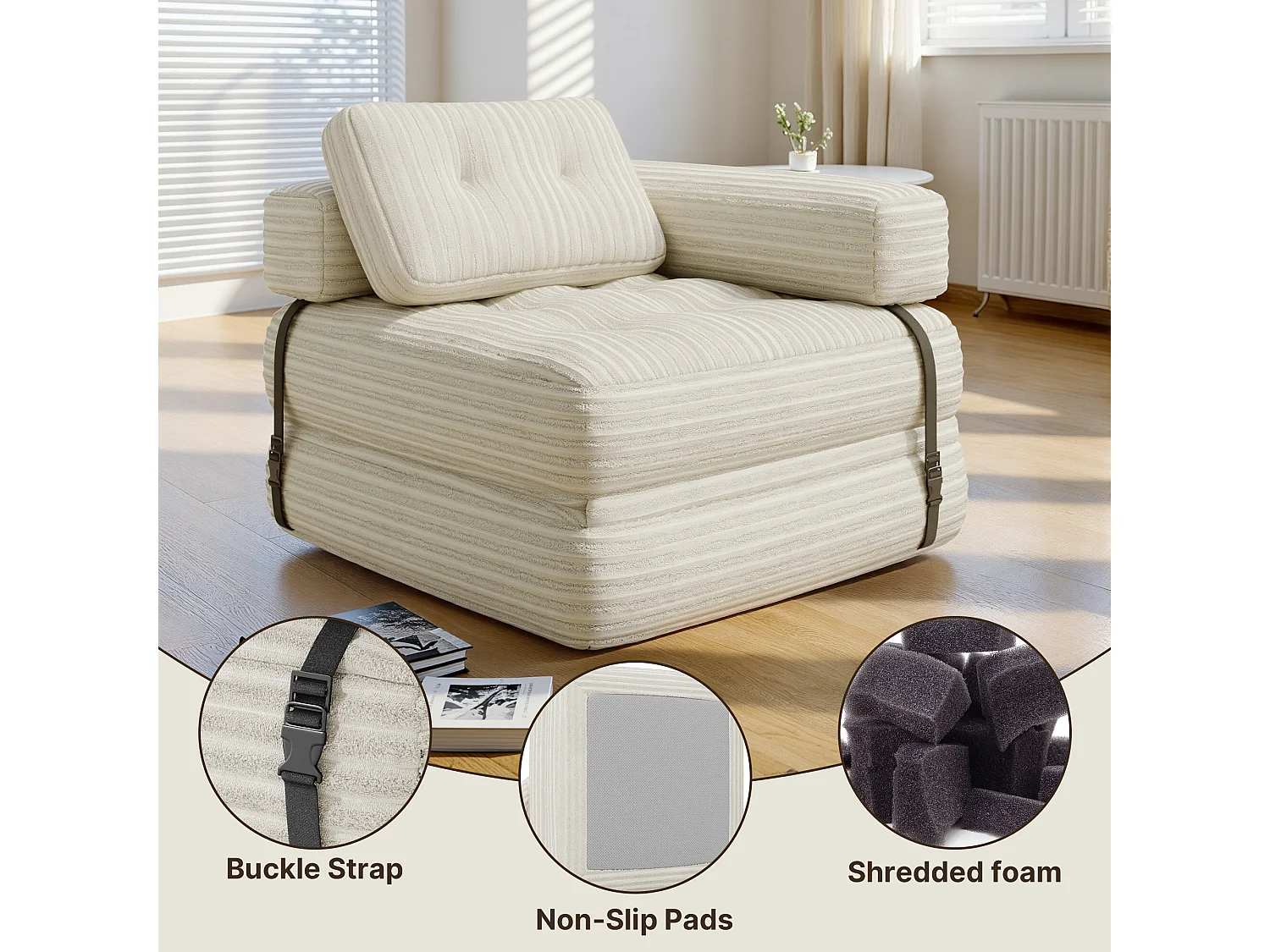 Canapé Convertible Fauteuil Lit 1 Place en L Blanc Velours Côtelé Longue Coussin 85 x 85 cm