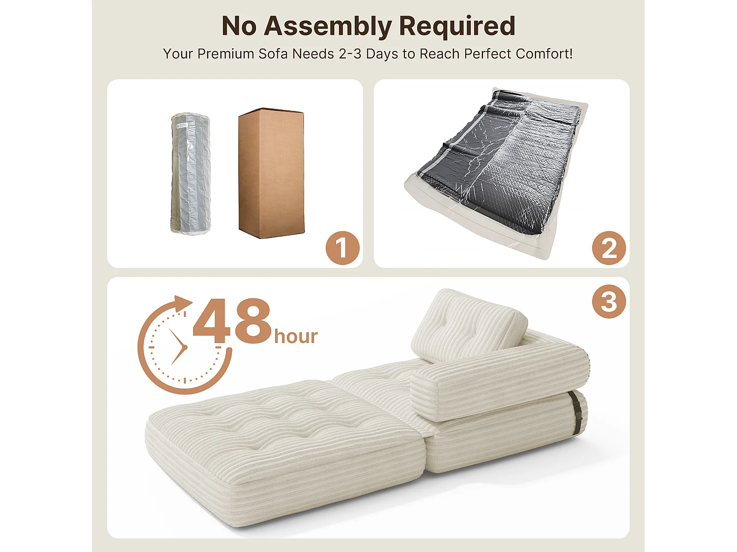 Canapé Convertible Fauteuil Lit 1 Place en L Blanc Velours Côtelé Longue Coussin 85 x 85 cm