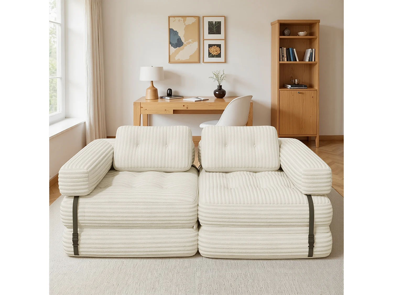 Canapé Convertible Fauteuil Lit 1 Place en L Blanc Velours Côtelé Longue Coussin 85 x 85 cm