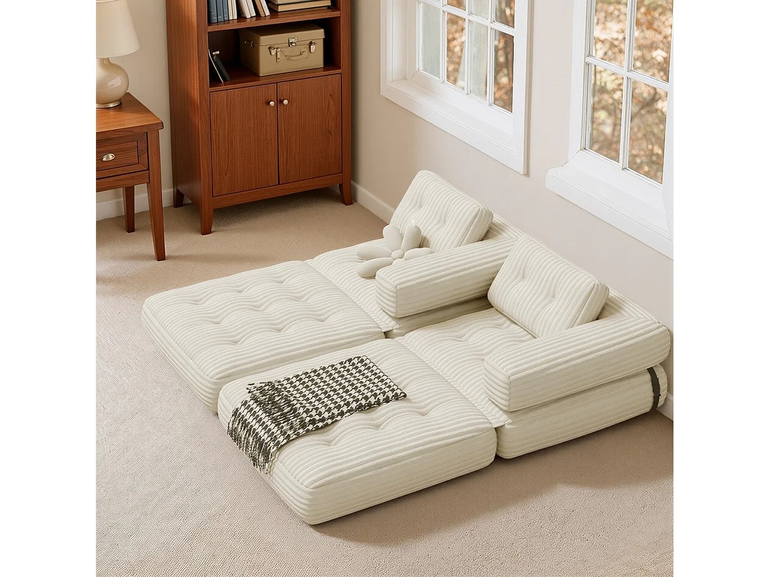 Canapé Convertible Fauteuil Lit 1 Place en L Blanc Velours Côtelé Longue Coussin 85 x 85 cm