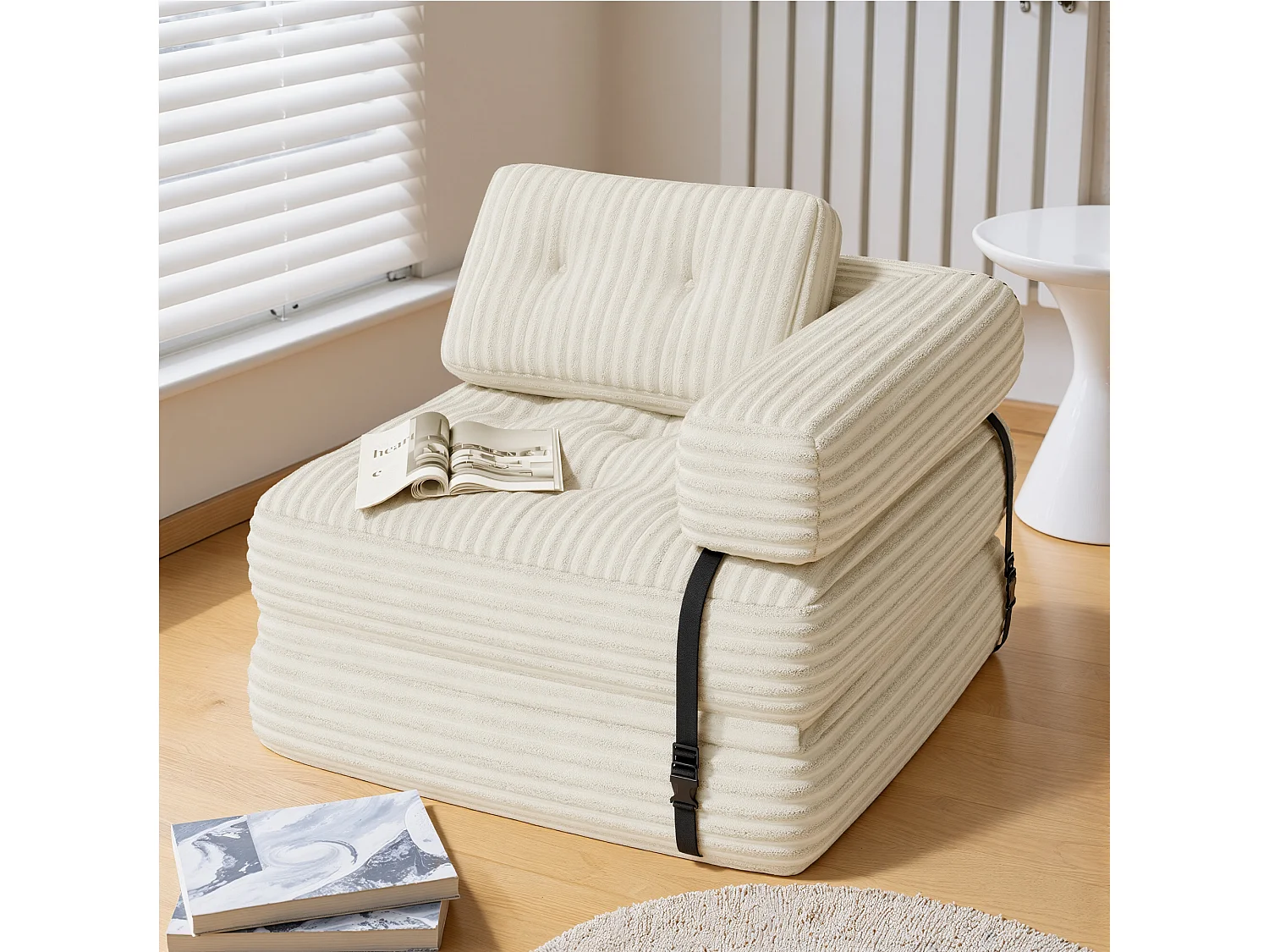 Canapé Convertible Fauteuil Lit 1 Place en L Blanc Velours Côtelé Longue Coussin 85 x 85 cm