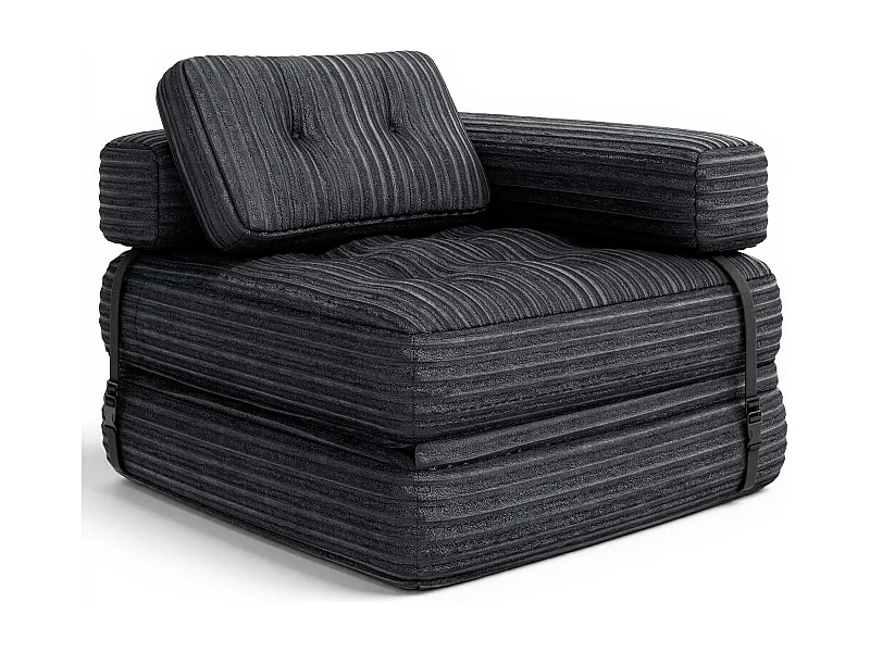 Convertibele L-vormige 1-persoons fauteuillit in donkergrijs kordvelours met kussen 85 x 85 cm