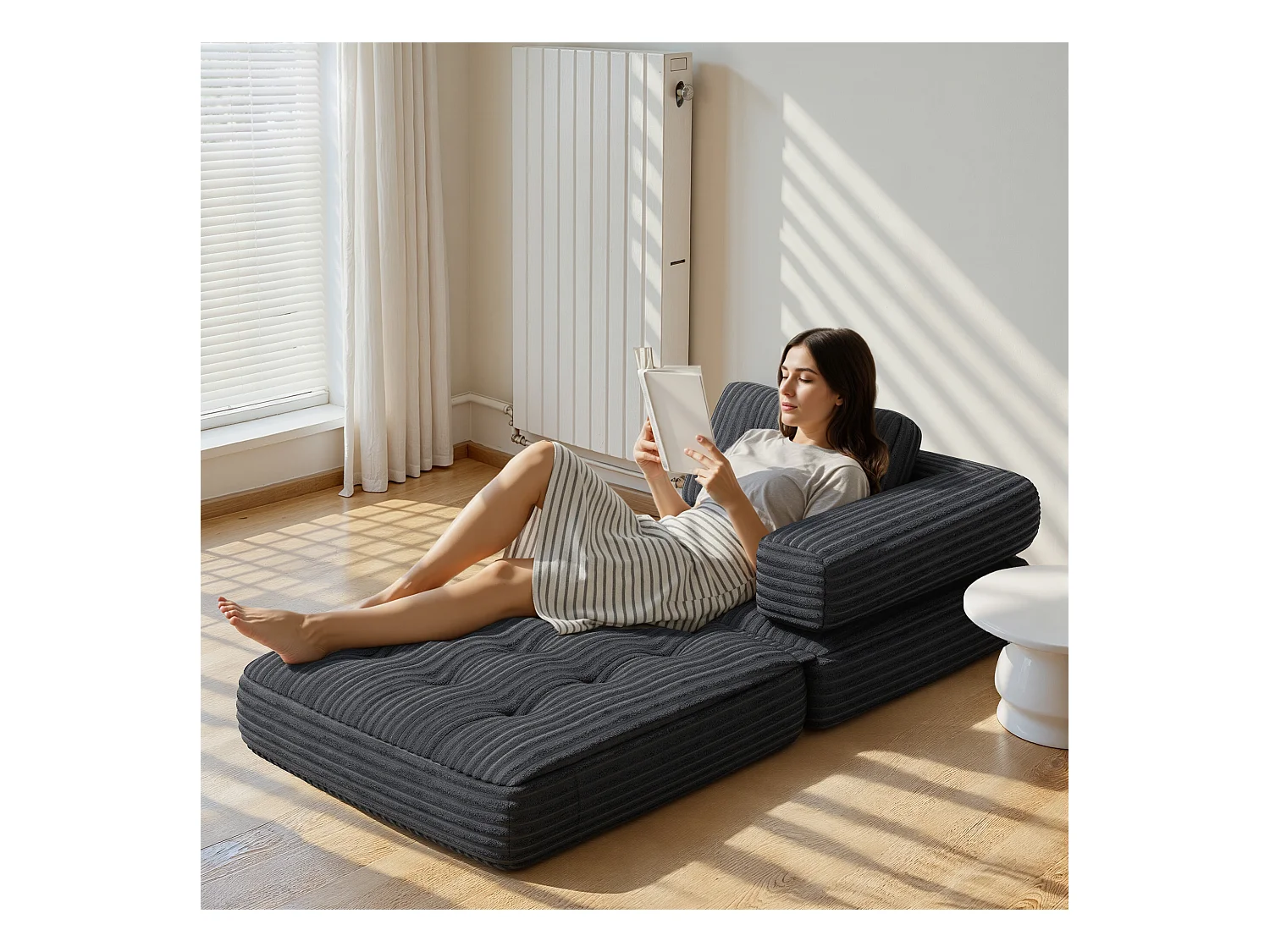 Canapé Convertible Fauteuil Lit 1 Place en L Gris foncé Velours Côtelé Longue Coussin 85 x 85 cm