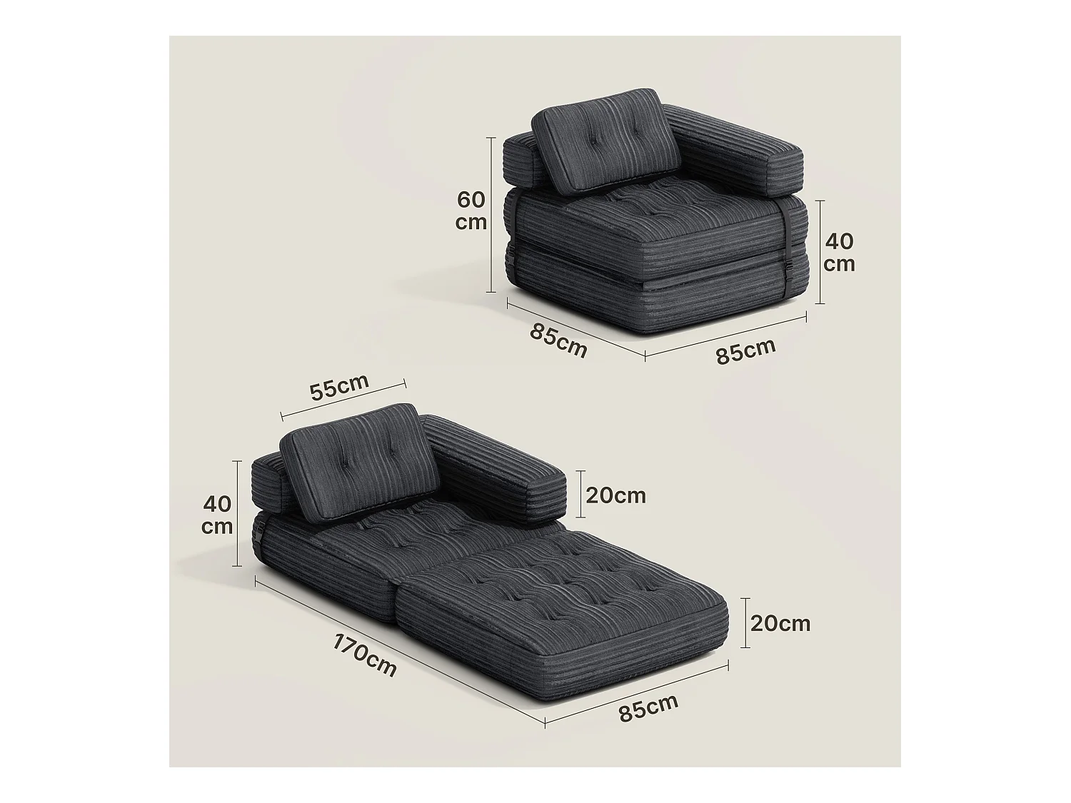 Canapé Convertible Fauteuil Lit 1 Place en L Gris foncé Velours Côtelé Longue Coussin 85 x 85 cm
