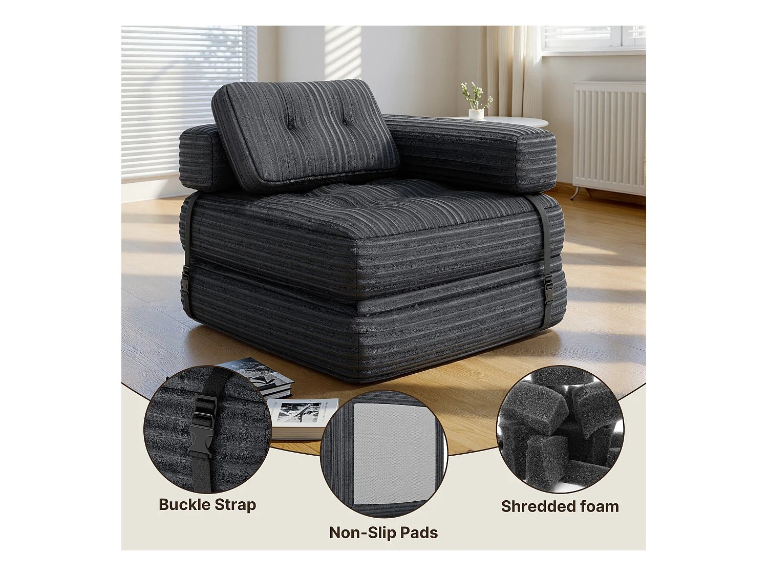 Canapé Convertible Fauteuil Lit 1 Place en L Gris foncé Velours Côtelé Longue Coussin 85 x 85 cm