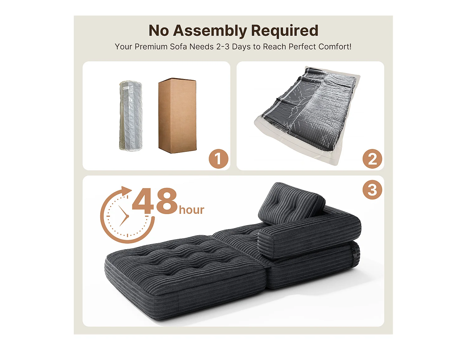 Canapé Convertible Fauteuil Lit 1 Place en L Gris foncé Velours Côtelé Longue Coussin 85 x 85 cm