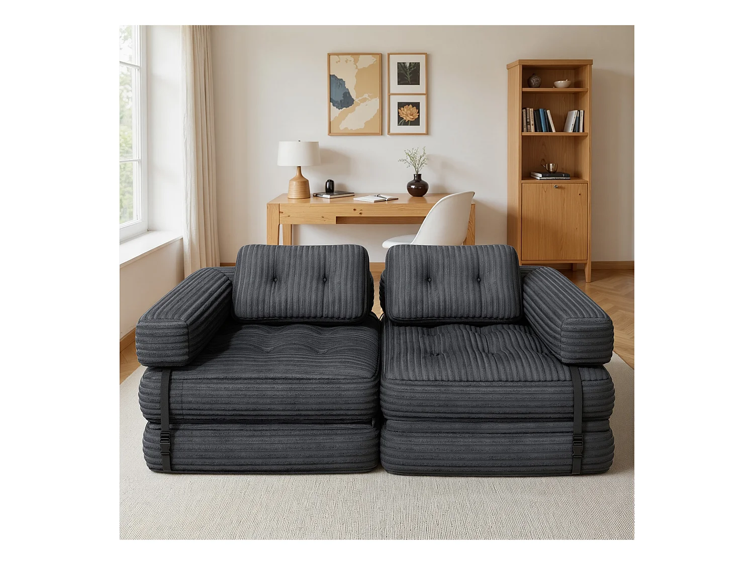 Canapé Convertible Fauteuil Lit 1 Place en L Gris foncé Velours Côtelé Longue Coussin 85 x 85 cm