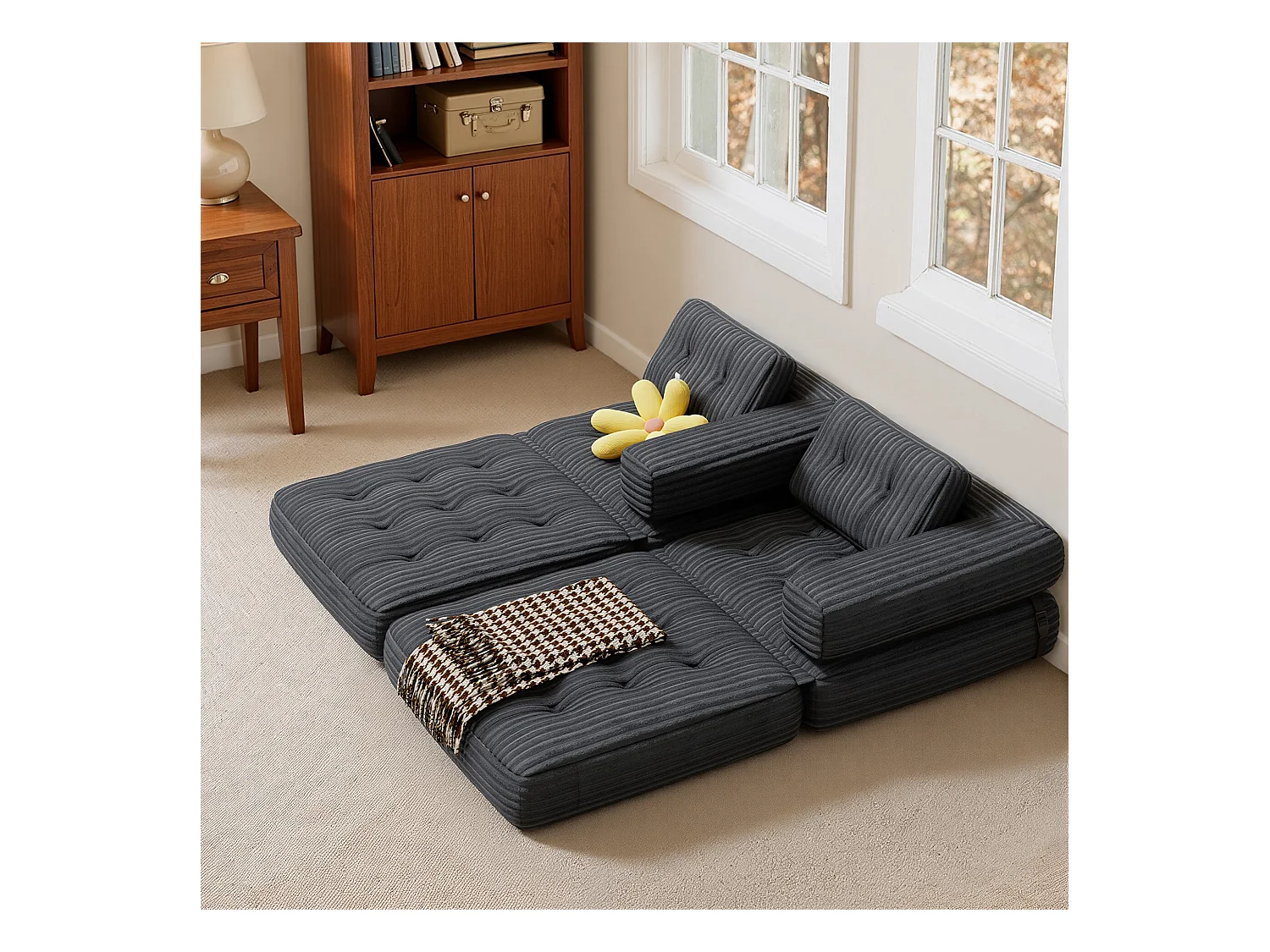 Canapé Convertible Fauteuil Lit 1 Place en L Gris foncé Velours Côtelé Longue Coussin 85 x 85 cm