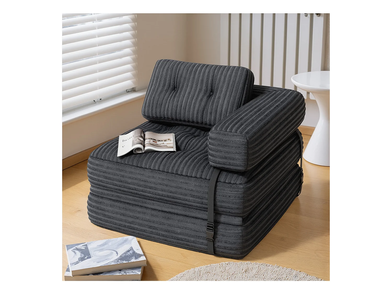 Canapé Convertible Fauteuil Lit 1 Place en L Gris foncé Velours Côtelé Longue Coussin 85 x 85 cm