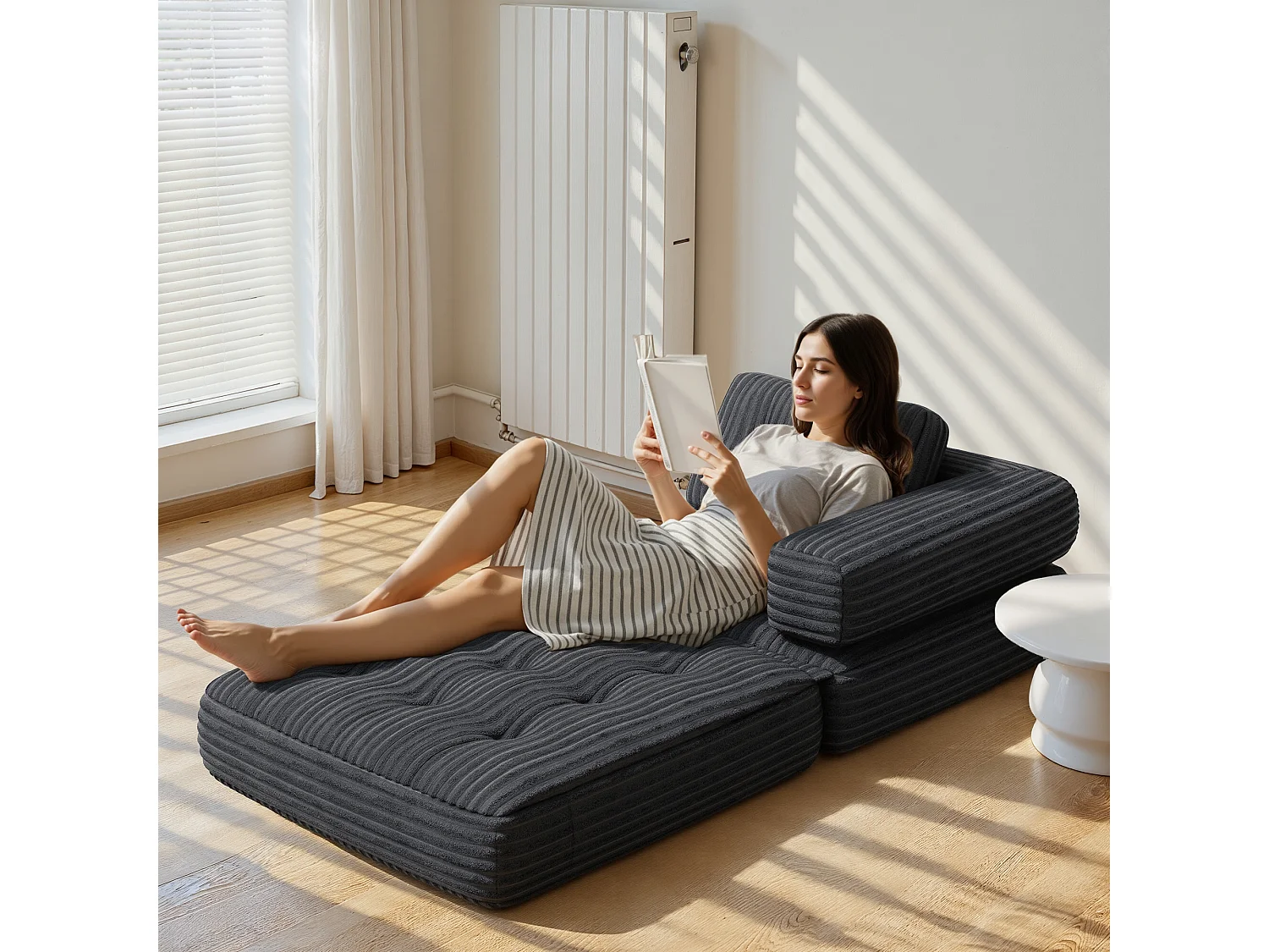 Canapé Convertible Fauteuil Lit 1 Place en L Gris foncé Velours Côtelé Longue Coussin 85 x 85 cm