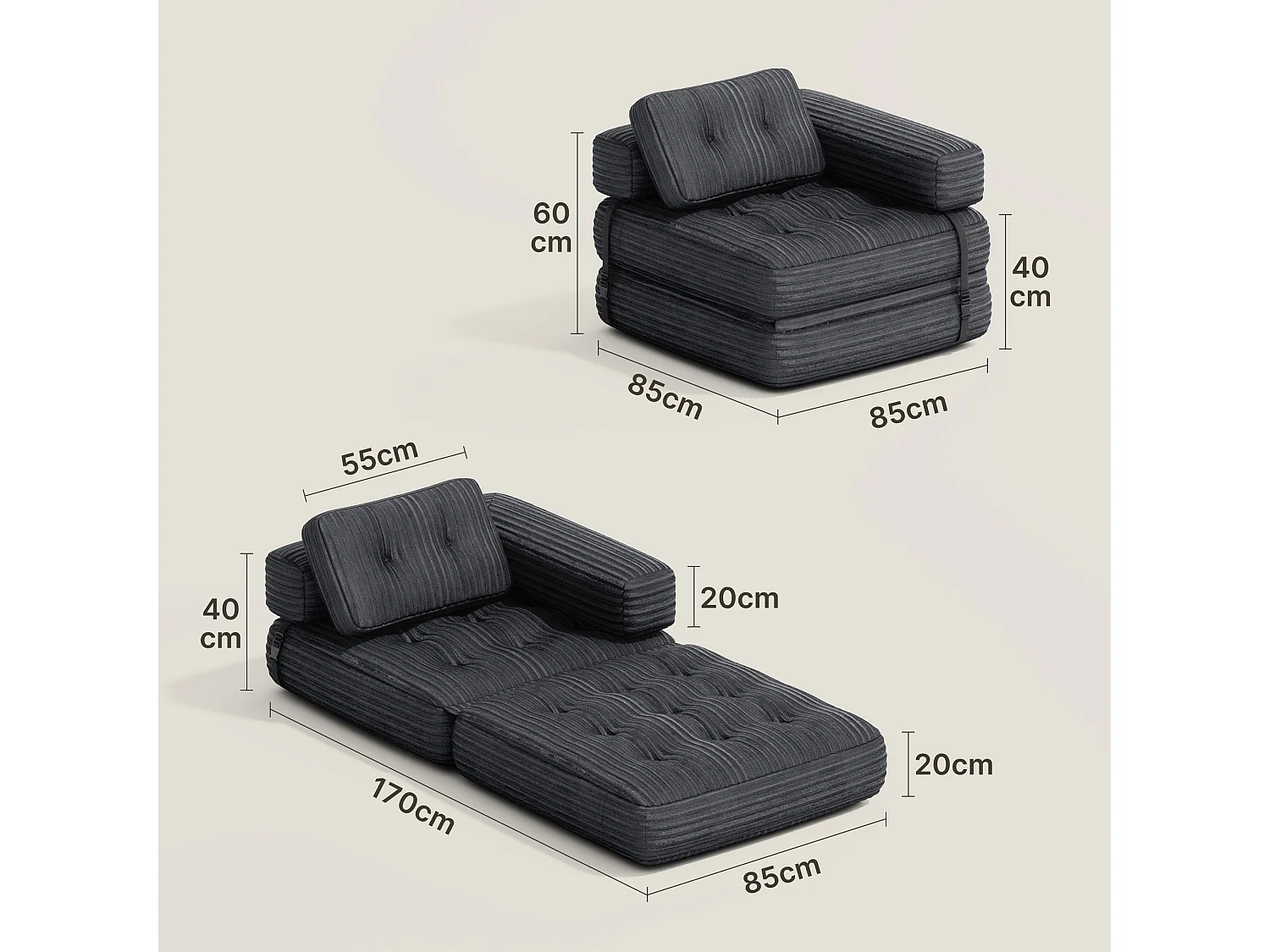 Canapé Convertible Fauteuil Lit 1 Place en L Gris foncé Velours Côtelé Longue Coussin 85 x 85 cm