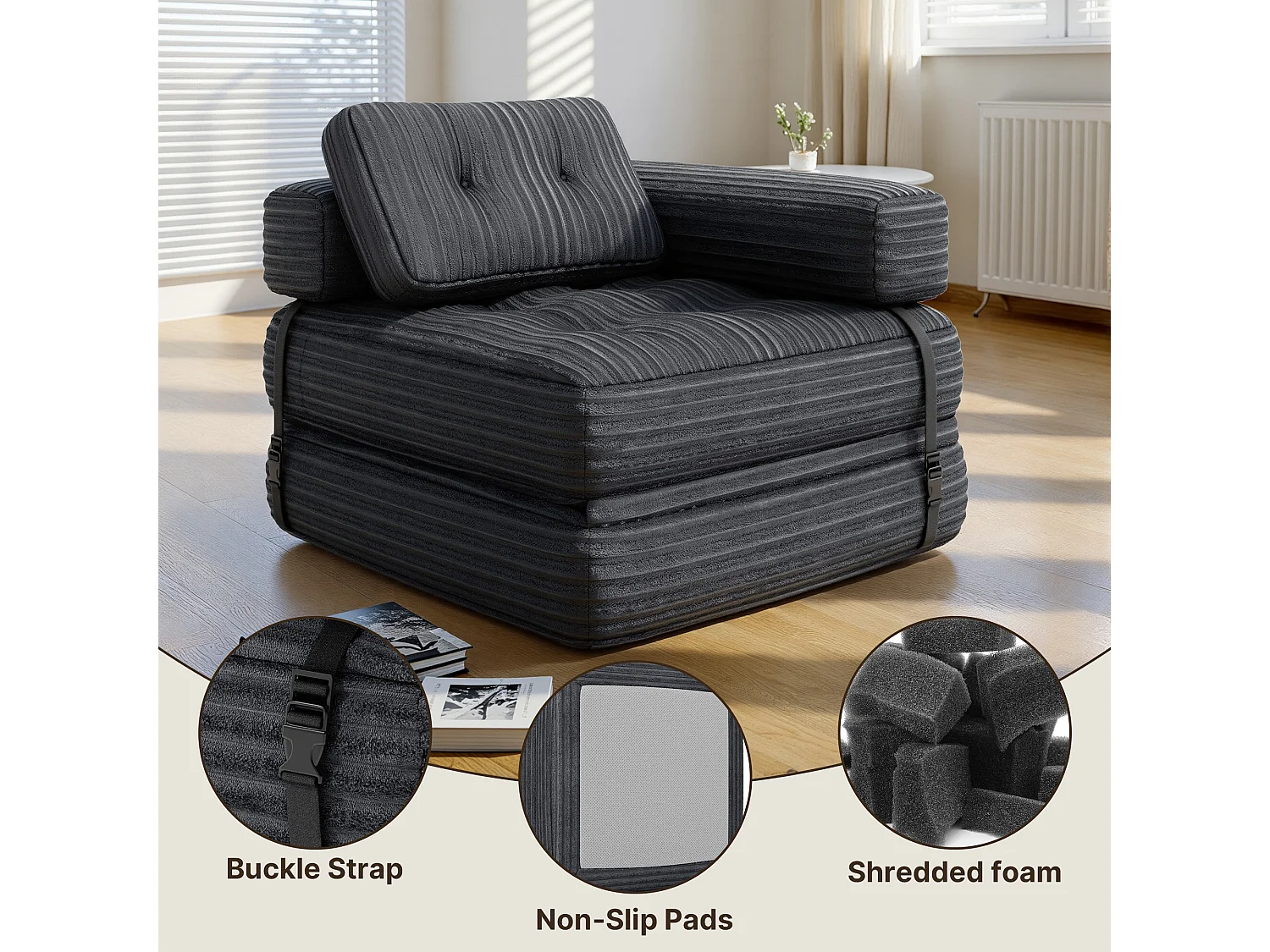 Canapé Convertible Fauteuil Lit 1 Place en L Gris foncé Velours Côtelé Longue Coussin 85 x 85 cm