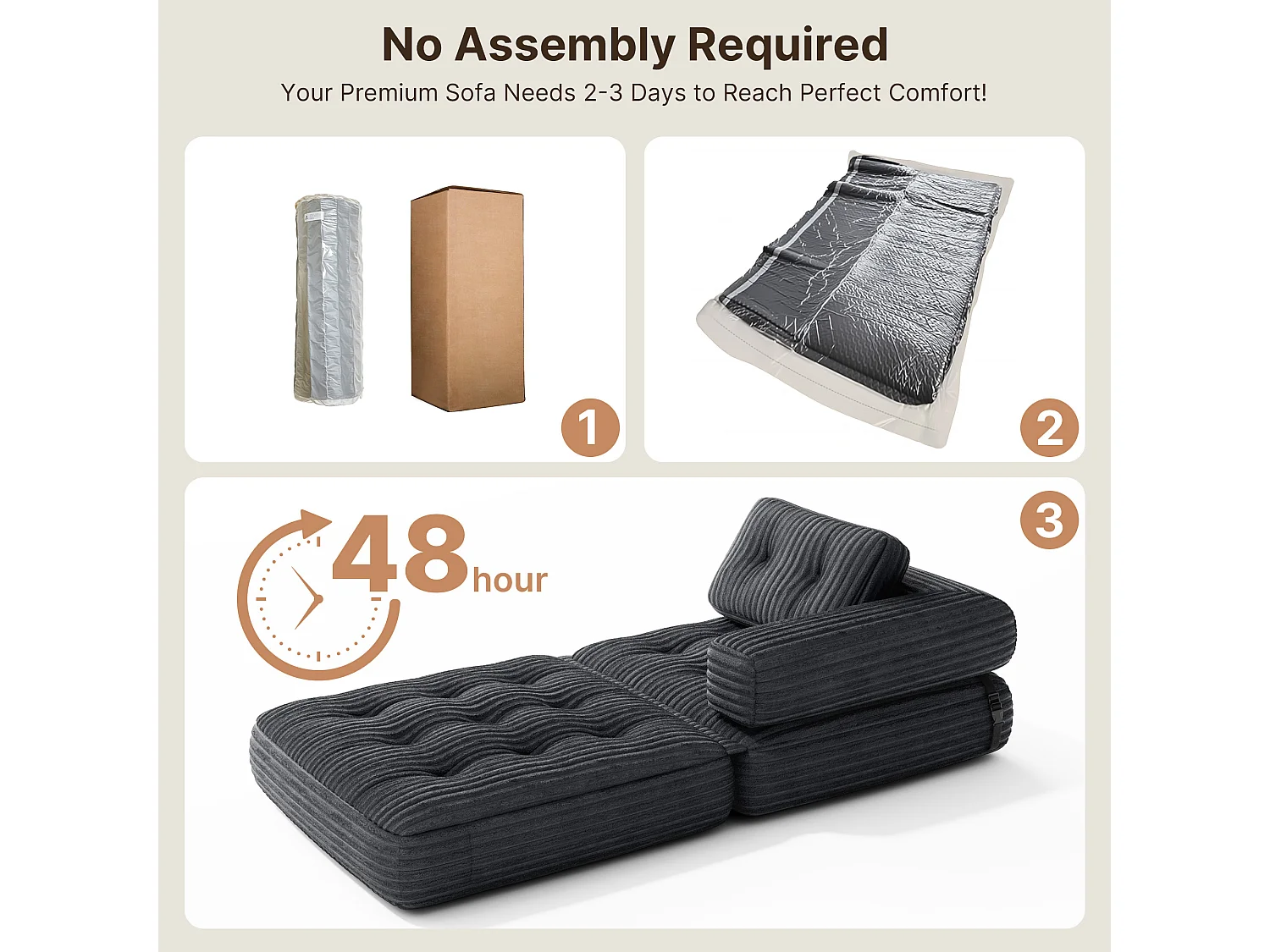 Canapé Convertible Fauteuil Lit 1 Place en L Gris foncé Velours Côtelé Longue Coussin 85 x 85 cm