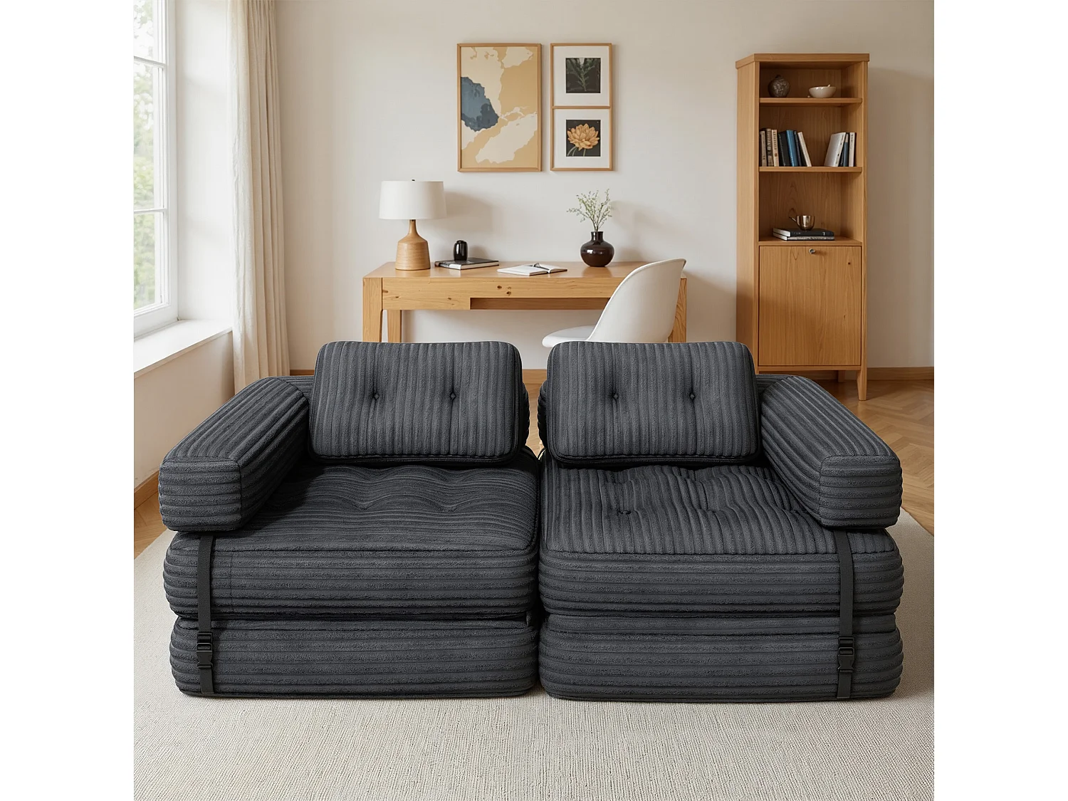 Canapé Convertible Fauteuil Lit 1 Place en L Gris foncé Velours Côtelé Longue Coussin 85 x 85 cm