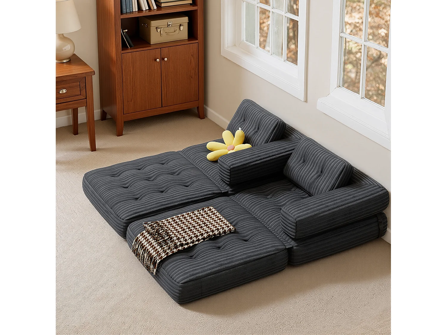 Canapé Convertible Fauteuil Lit 1 Place en L Gris foncé Velours Côtelé Longue Coussin 85 x 85 cm