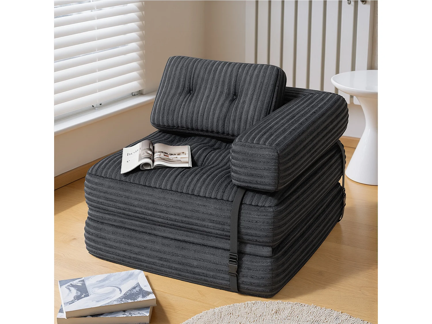 Canapé Convertible Fauteuil Lit 1 Place en L Gris foncé Velours Côtelé Longue Coussin 85 x 85 cm