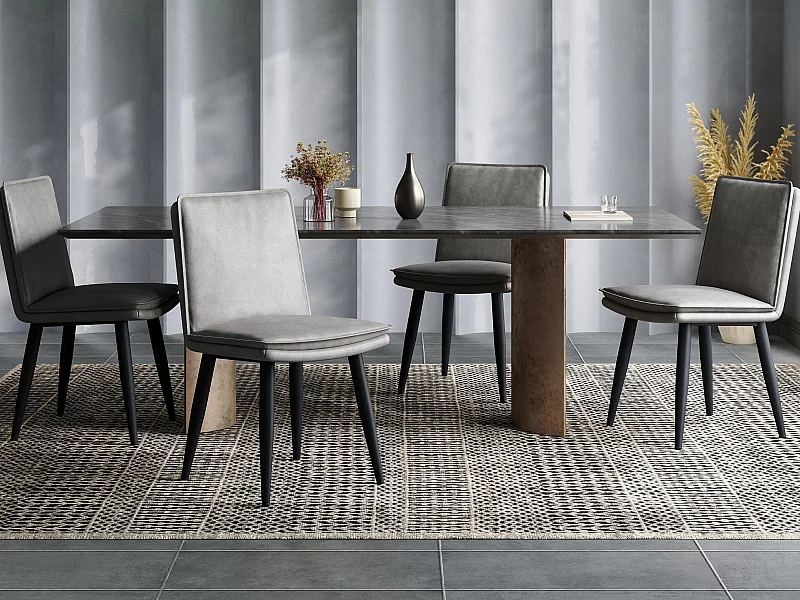 Set van 4 eetkamerstoelen - Dubbele kussens - PU-stof - Metalen poten - Grijs