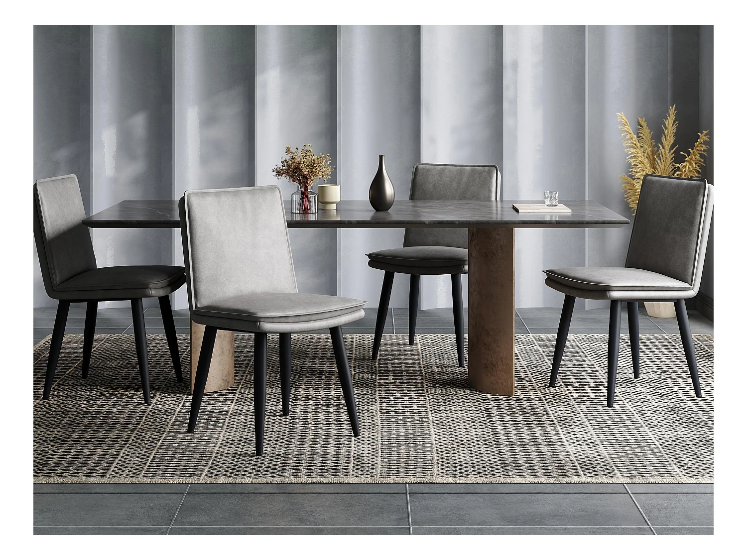 Set di 4 sedie da pranzo - Cuscini doppi - Tessuto in PU - Gambe in metallo - Grigio