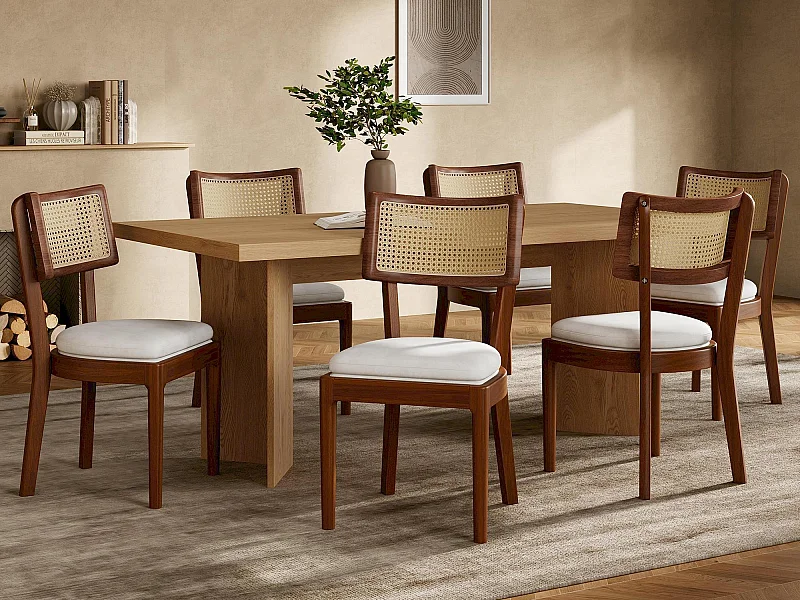 Set di 6 sedie da pranzo - Schienale in rattan - Seduta in velluto - Legno massello - Marrone