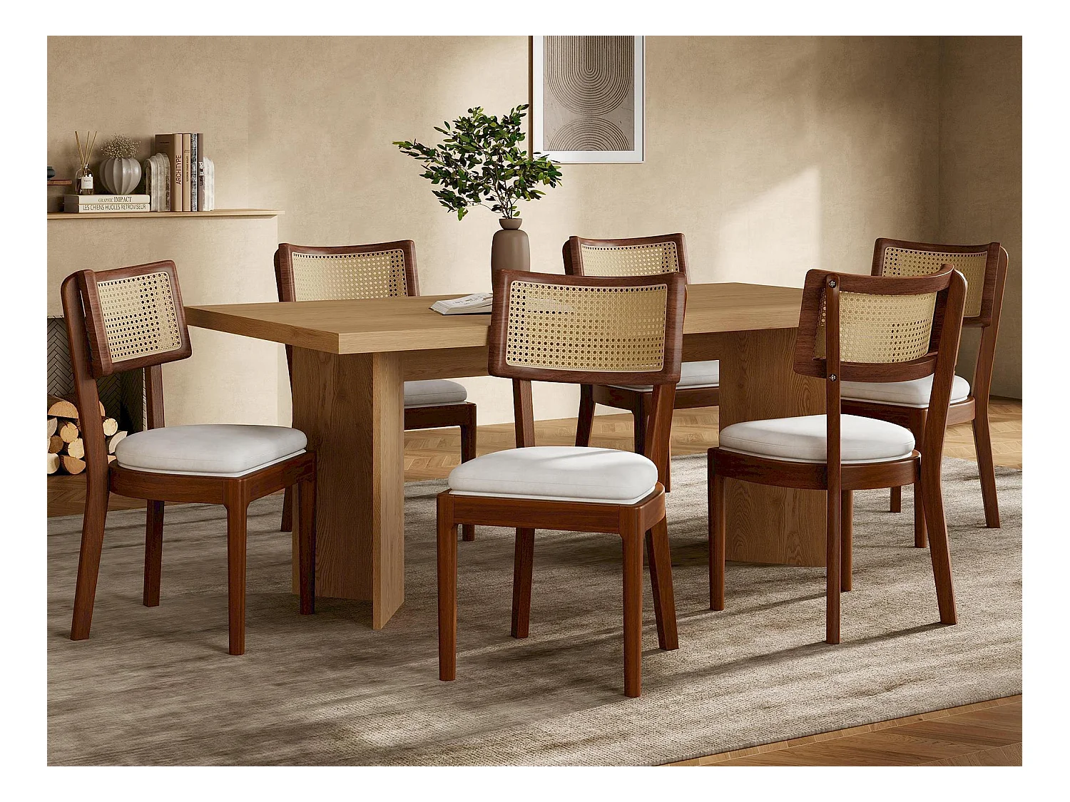 Lot de  6 chaises de salle à manger  - Dossier en rotin - Assise en velours - Bois massif - Marron