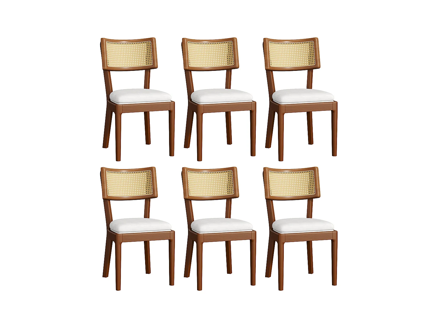 Lot de  6 chaises de salle à manger  - Dossier en rotin - Assise en velours - Bois massif - Marron